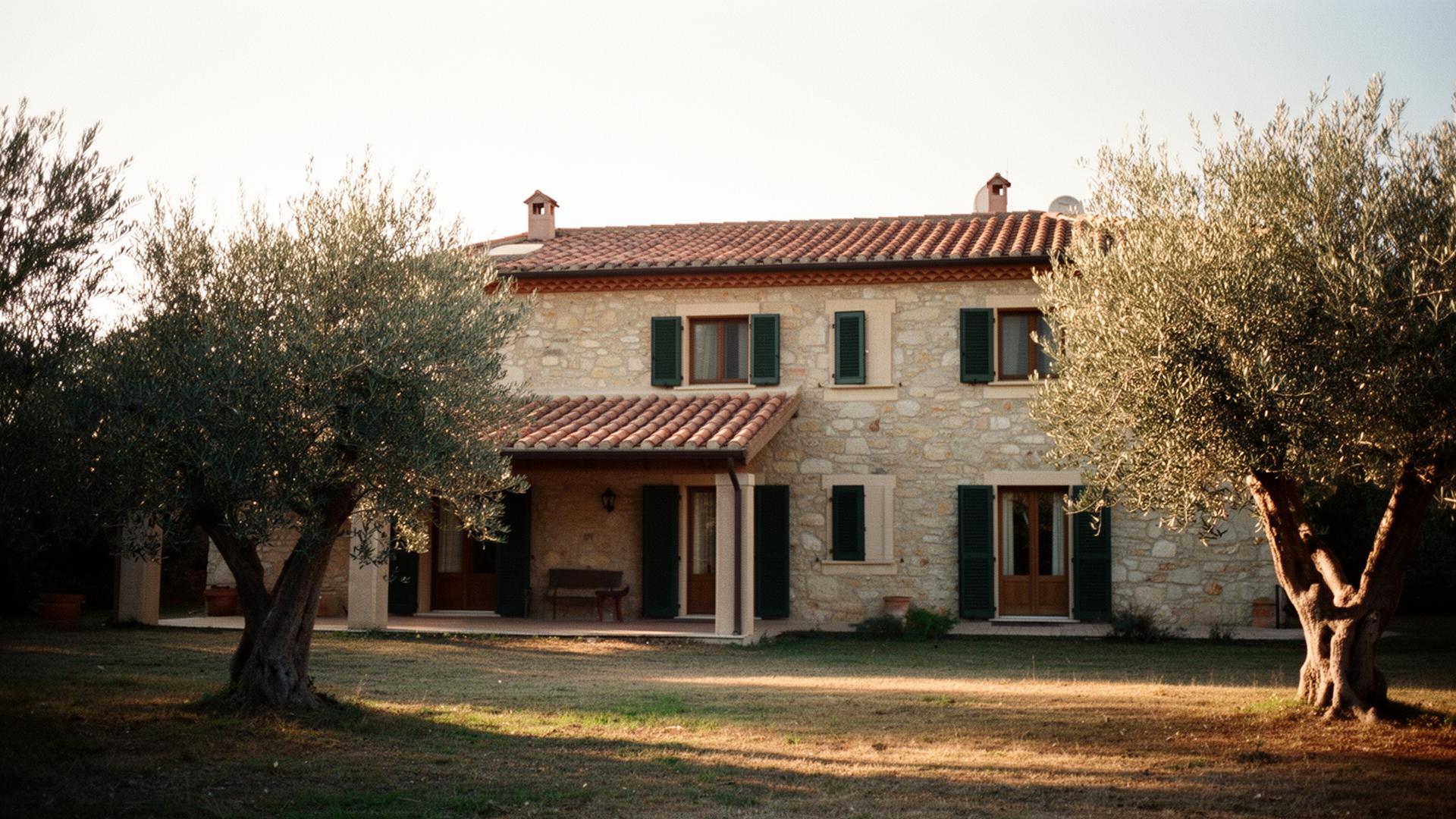 Stone villa surrounded by olive trees at golden hour